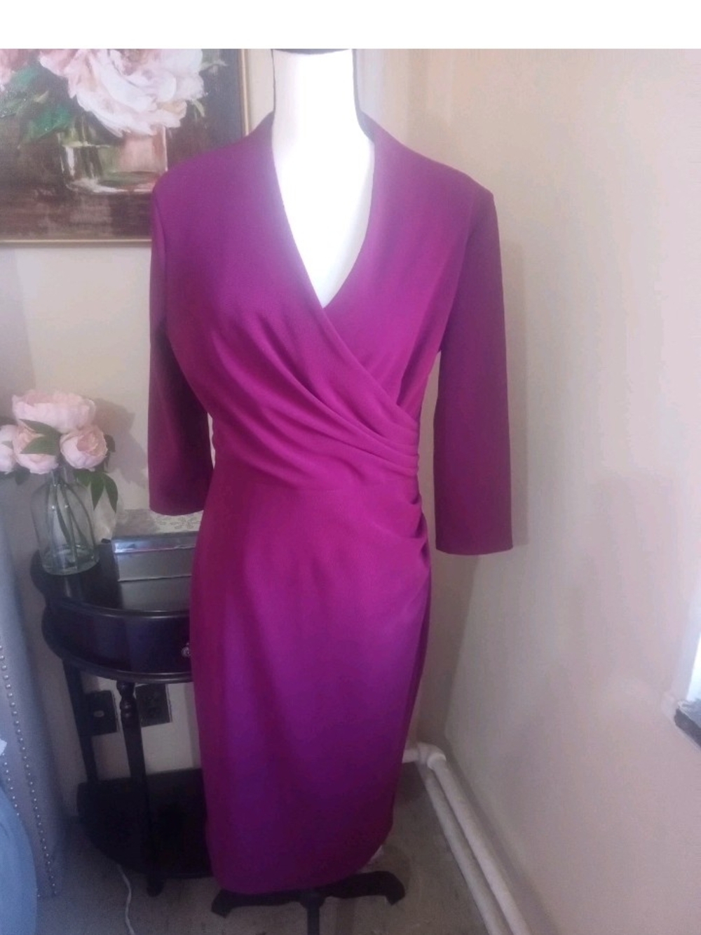 Magenta Wrap-Front Long Sleeve Sheath Dress